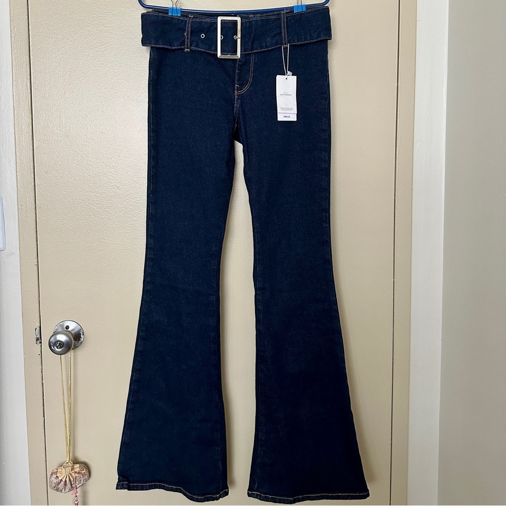 MANGO Britney Buckle Mid Rise Flare Jeans (Open Blue)